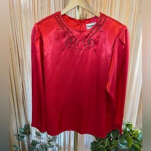 Vintage Red Satin long sleeve Blouse w Embroidered Details by Personal size 14